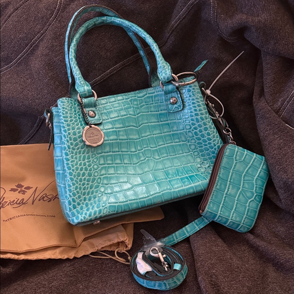 Patricia Nash Aqua Croc-Embossed Satchel Set NWOT